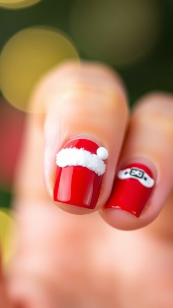 Close-up of red Christmas nails with Santa hat design, showcasing festive holiday nail art.